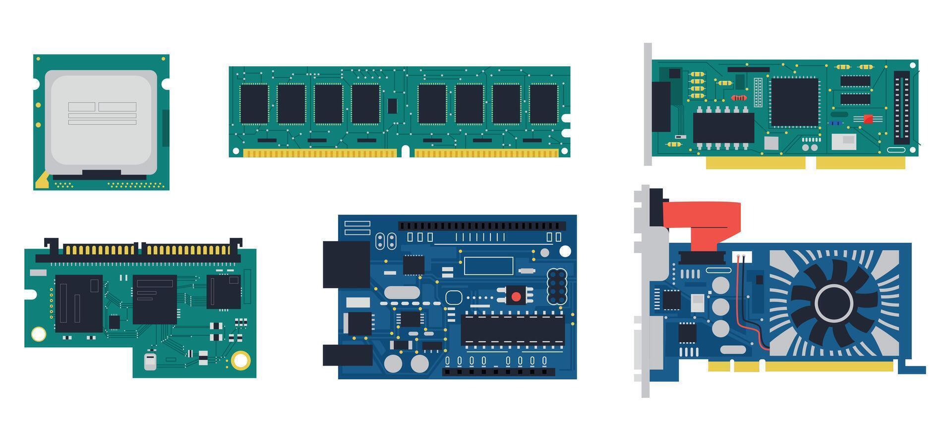 electrónico tarjeta de circuito impreso. eléctrico circuito tablero con memoria chip, conductor y semiconductor componentes vector microcontrolador hardware conjunto