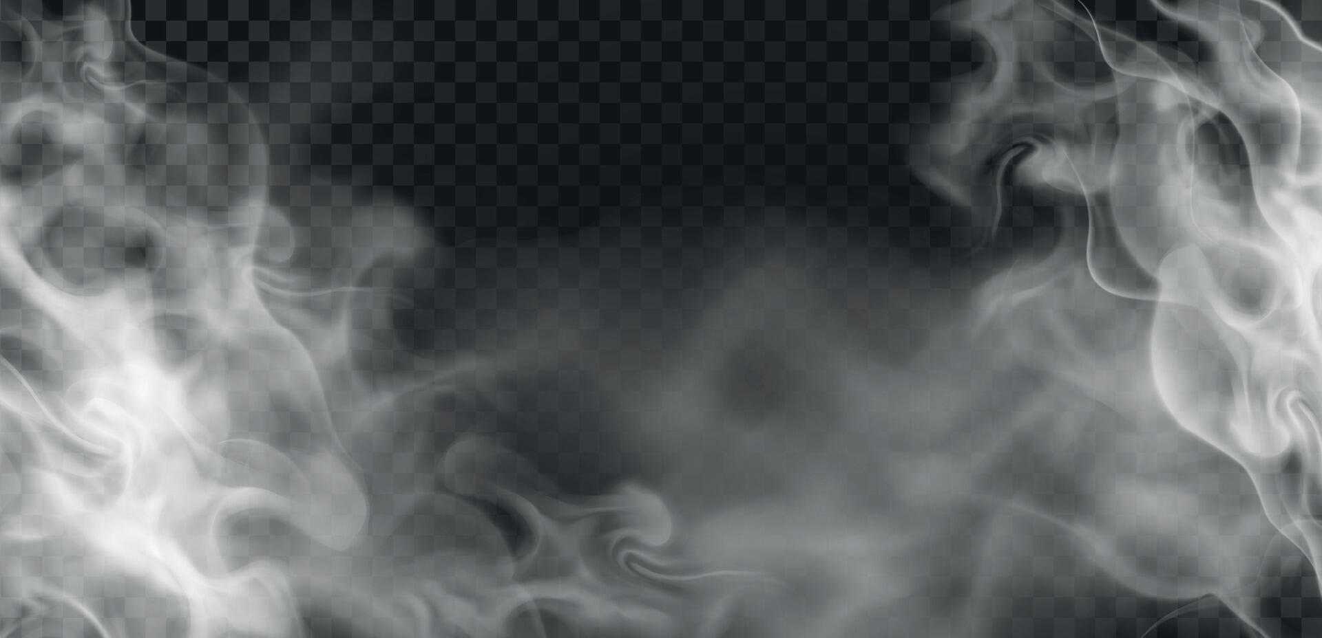 Realistic transparent wavy hot steam or smoke effect. Evaporation, fog or haze. Spooky mist cloud. Food or drink vapour vector background