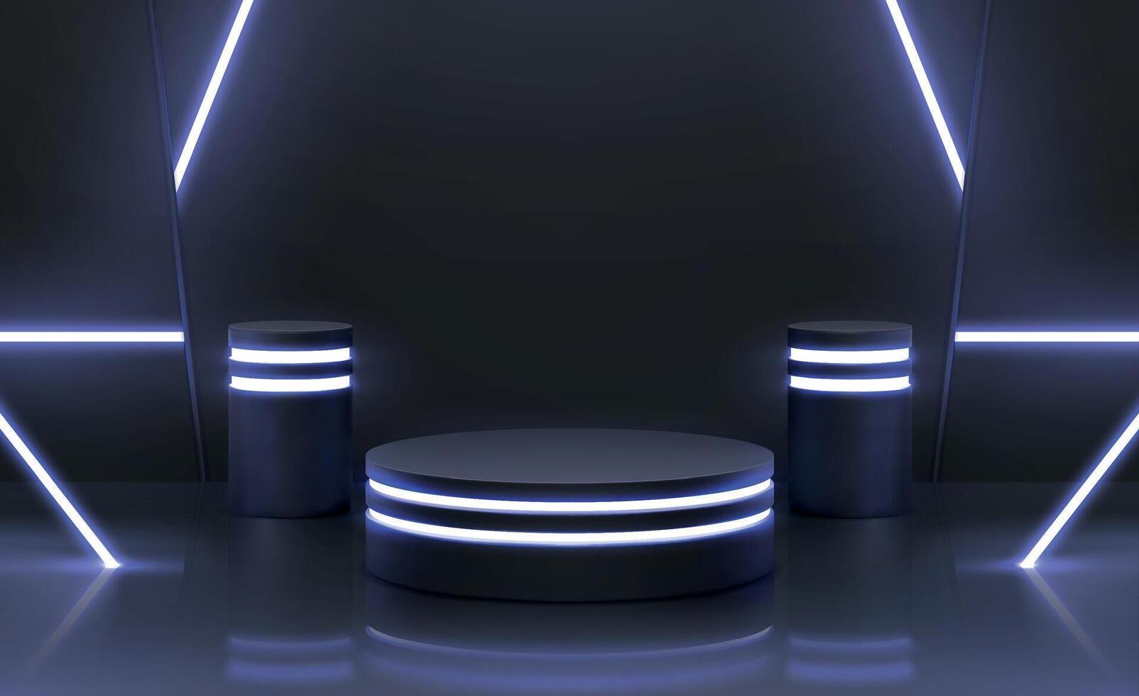 Futuristic cyber stage with 3d neon podiums for product display. Dark platform with glowing lights. Digital stand for gadgets, vector scene