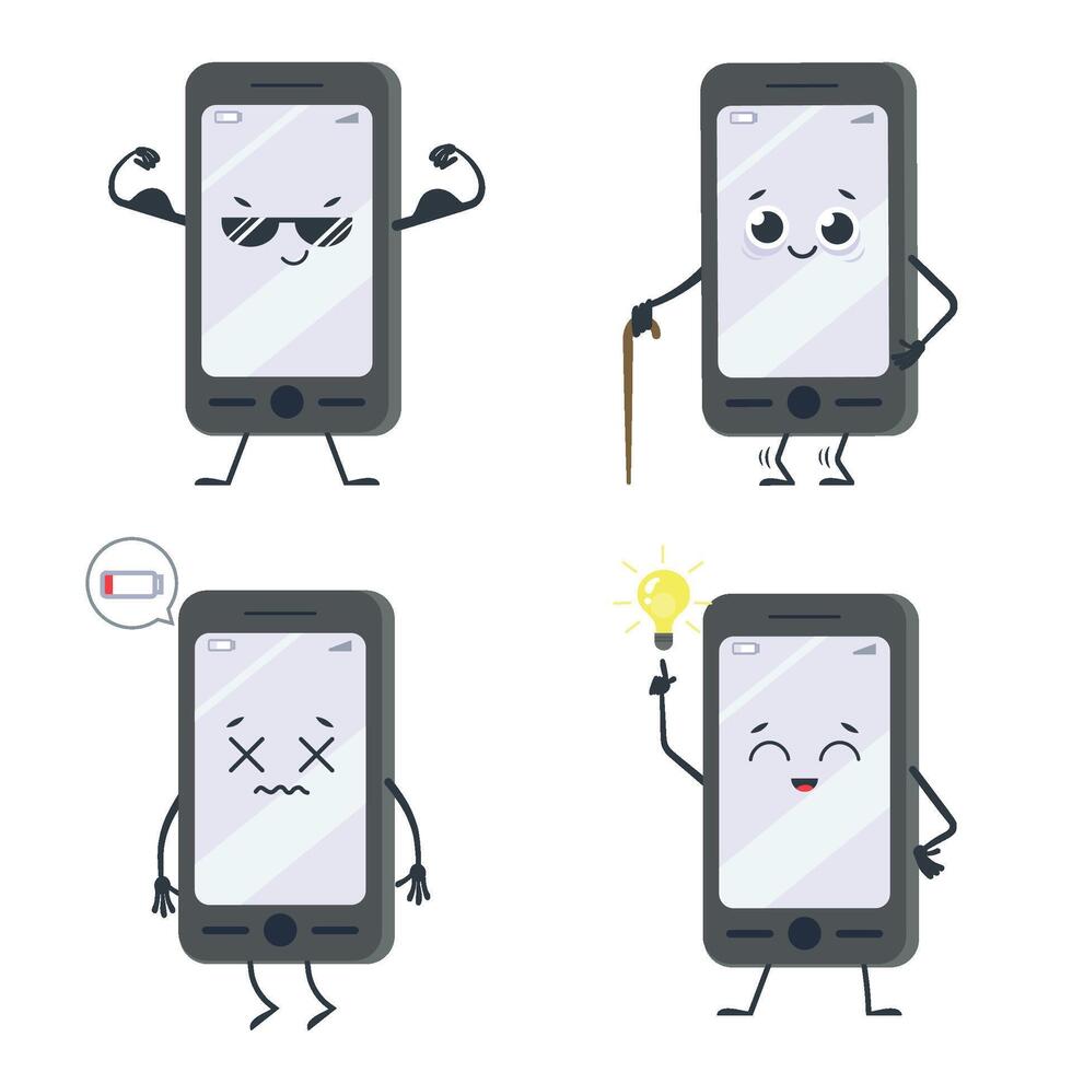 Cartoon smartphone character set of emotions, happy and upset vector