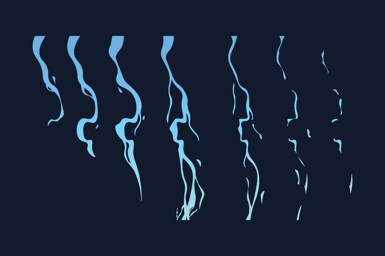 Lightning animation. Cartoon thunderbolt strike sprite frames for 2D game, electric ground attack clipart asset. Vector thunderstorm magic energy motion set