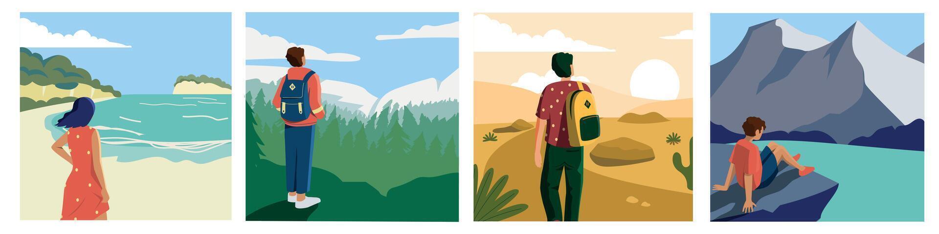 People looking at landscape. Cartoon travelers and adventurers enjoying nature scenery and looking on horizon. Vector people at hiking and journey illustration