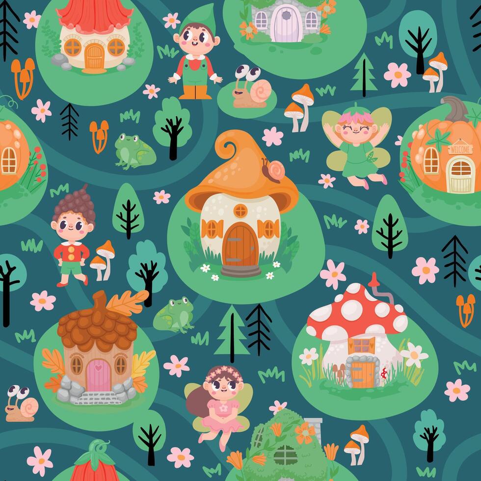 Fairytale seamless pattern with magic village houses and fairies. Cartoon children print with elves and gnomes in forest vector wallpaper