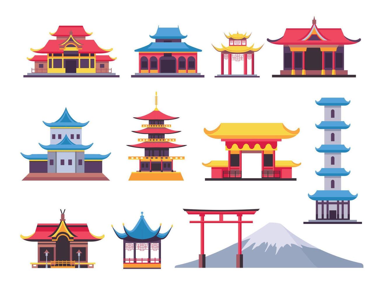 plano japonés edificios, antiguo pagoda y cultural punto de referencia. asiático montaña fuji chino torres, templos y tradicional casa vector conjunto