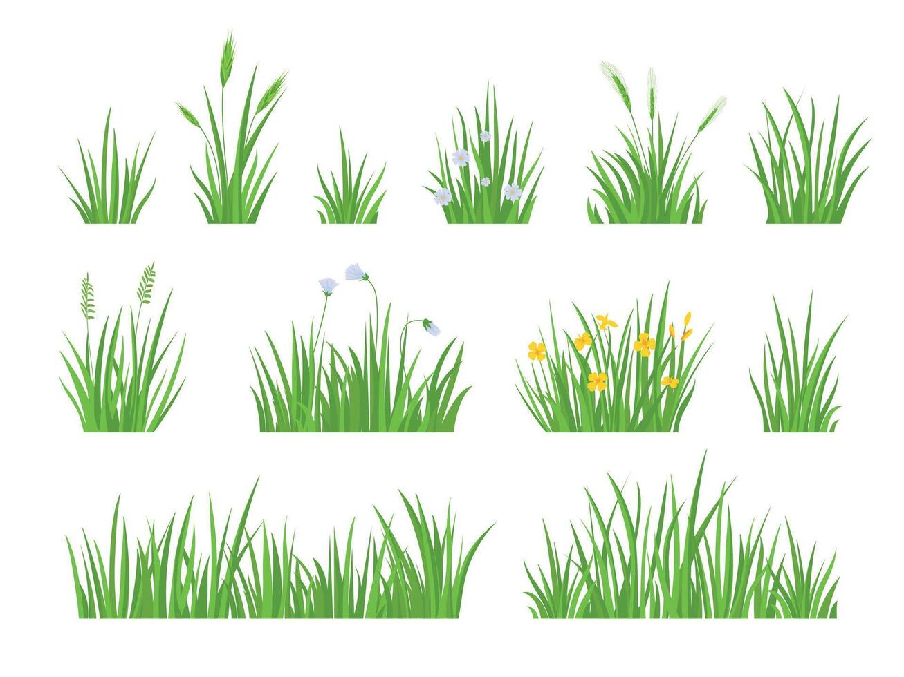 dibujos animados verde prado césped con flor, hierbas y espiga orejas. primavera jardín césped horizontal fronteras campo Fresco natural césped vector conjunto