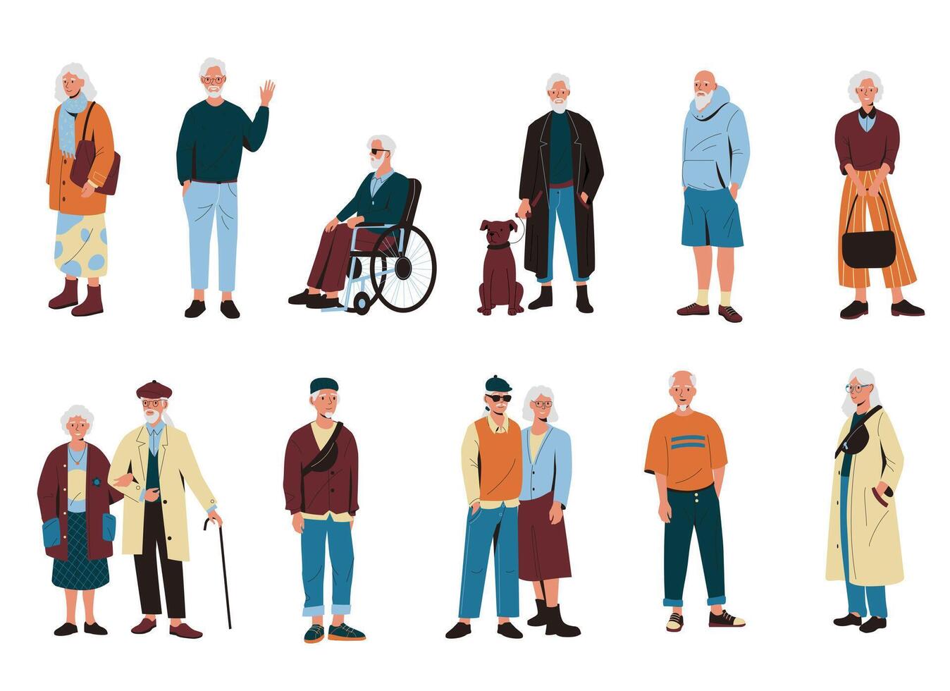 Elderly people. Cartoon old retired man woman, modern mature persons wearing trendy fashion clothes, active senior characters on retirement. Vector set