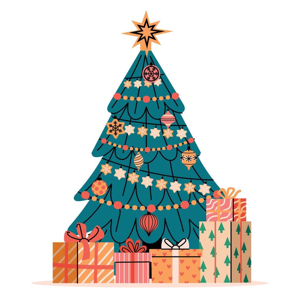 Christmas tree with presents. Decorated pine with gift boxes, cartoon fir with light balls garlands star, merry xmas happy new year concept. Vector illustration