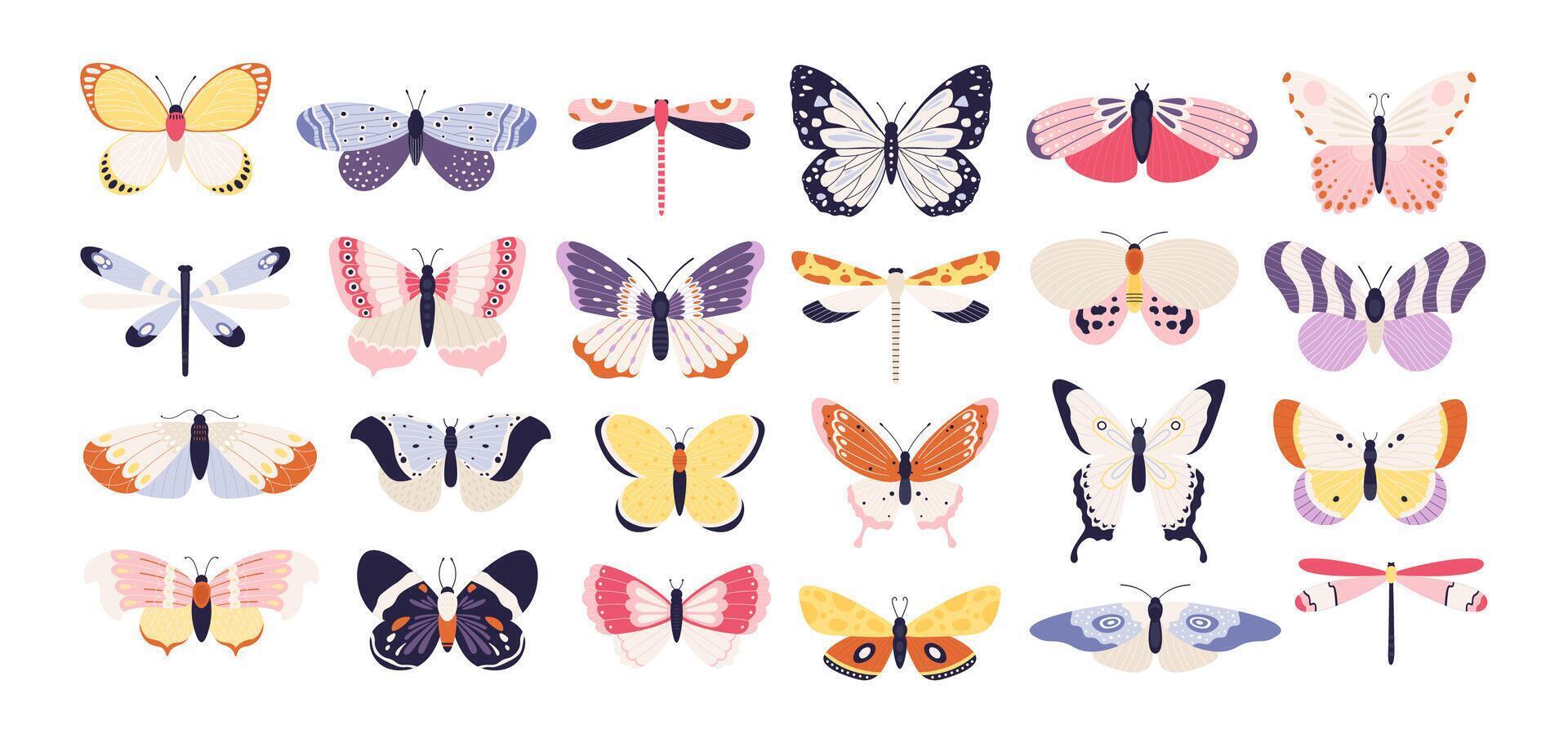 linda mariposas decorativo primavera mariposa vistoso alas. monarca, polilla y libélula. tropical hermosa floral insecto plano vector conjunto