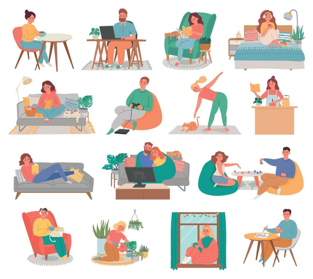 People at home. Female and male characters spending time indoors. Man and woman watching tv, playing board game vector