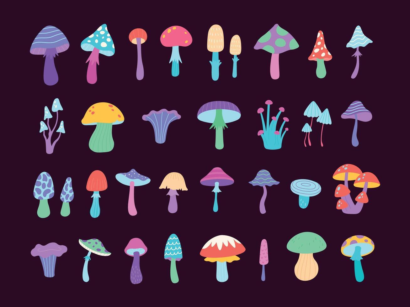 Neon groovy psychedelic poison mushrooms, toadstool and amanita. Cartoon trippy bright mushroom. Flat surreal magic hippie fungus vector set