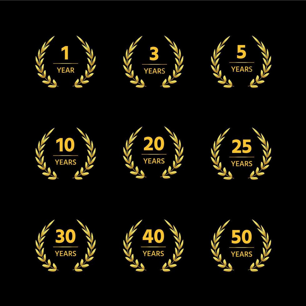 Anniversary wreath. Golden laurel and olive branch round frame decorative elements for jubilee and award celebrating. Vector golden seal label set