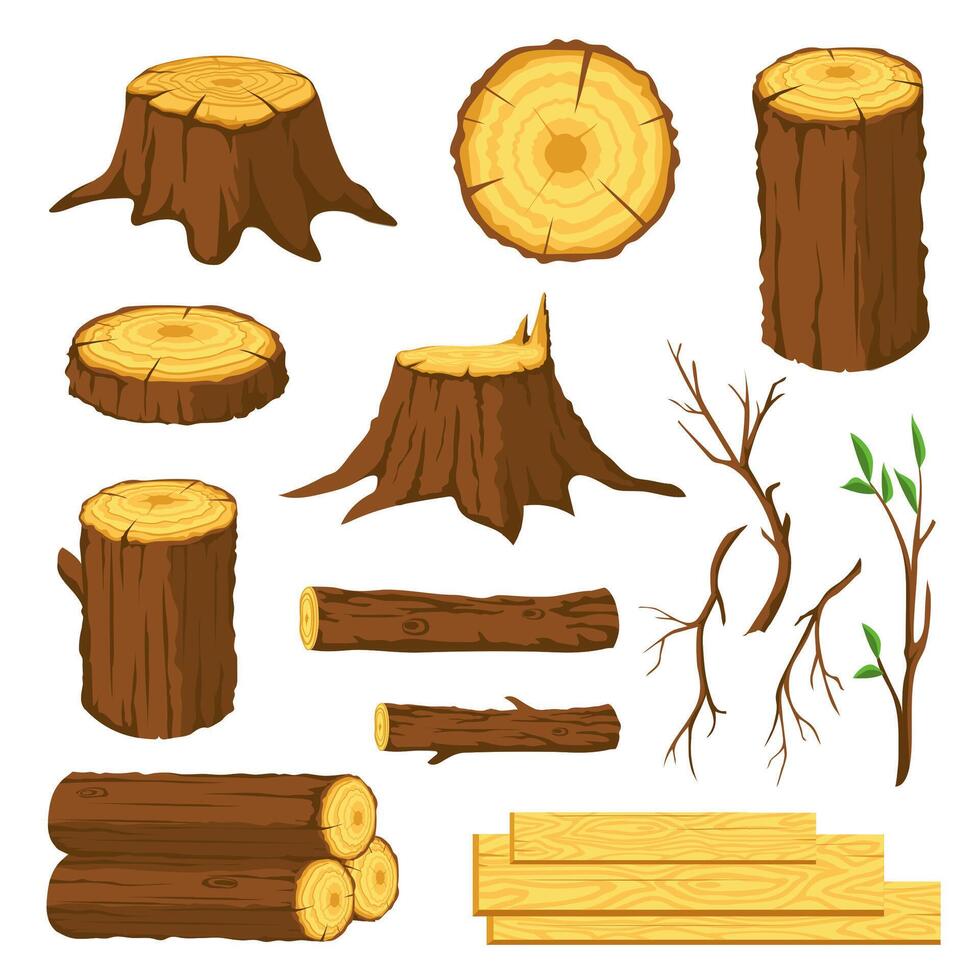 Wood logs. Firewood, tree stumps with rings, trunks, branches and twigs. Lumber industry forest materials. Wooden planks, timber vector set