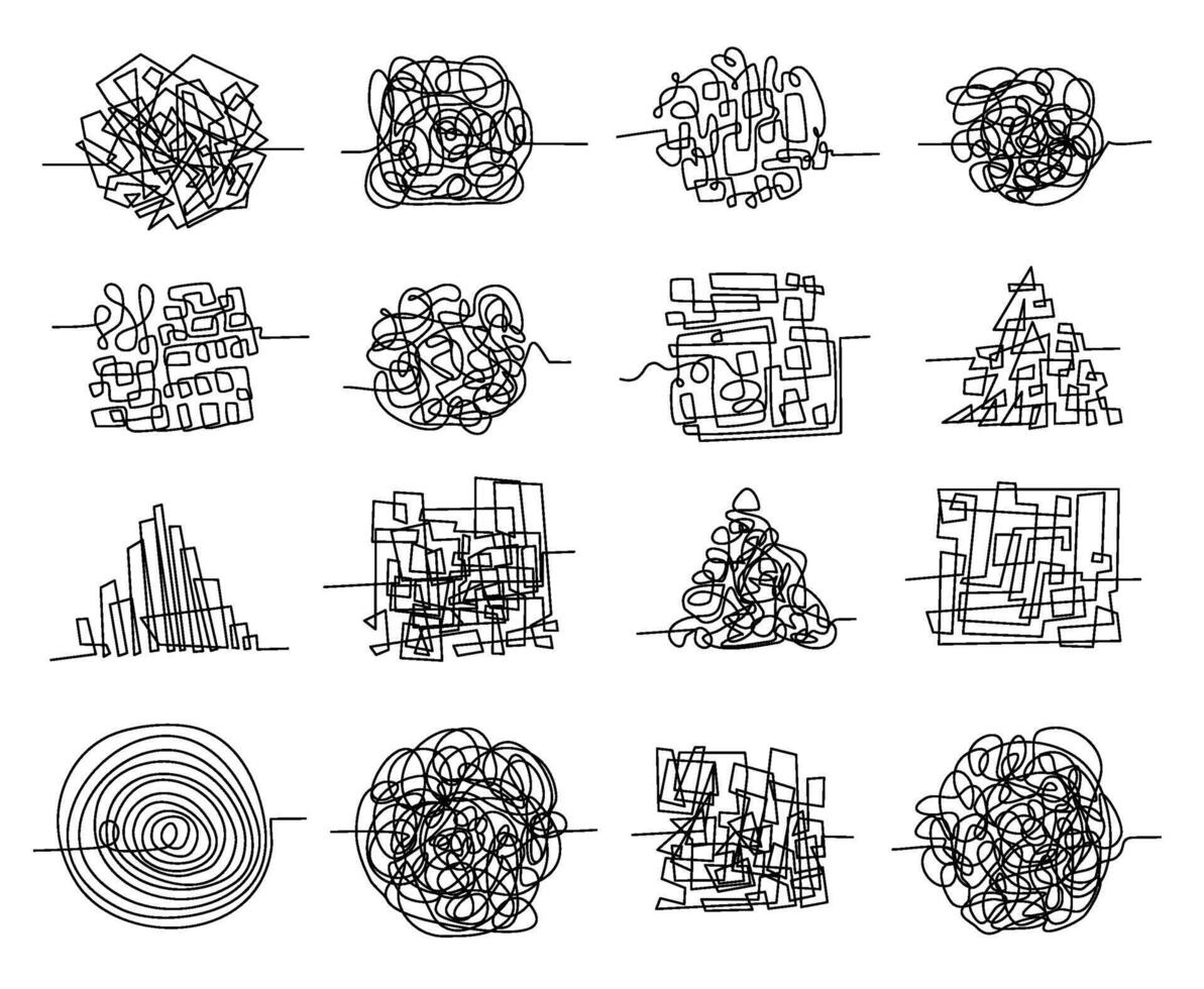 Chaos line scribbles and random tangled maze shapes. Pen doodle concept of messy thoughts, complicated problem and confused mind vector set