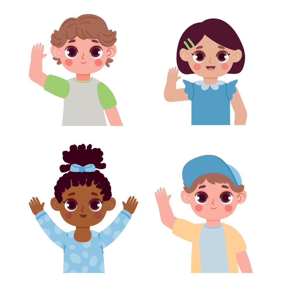 Cartoon children hello by waving hands. Different female and male smiling kids with welcoming gesture vector