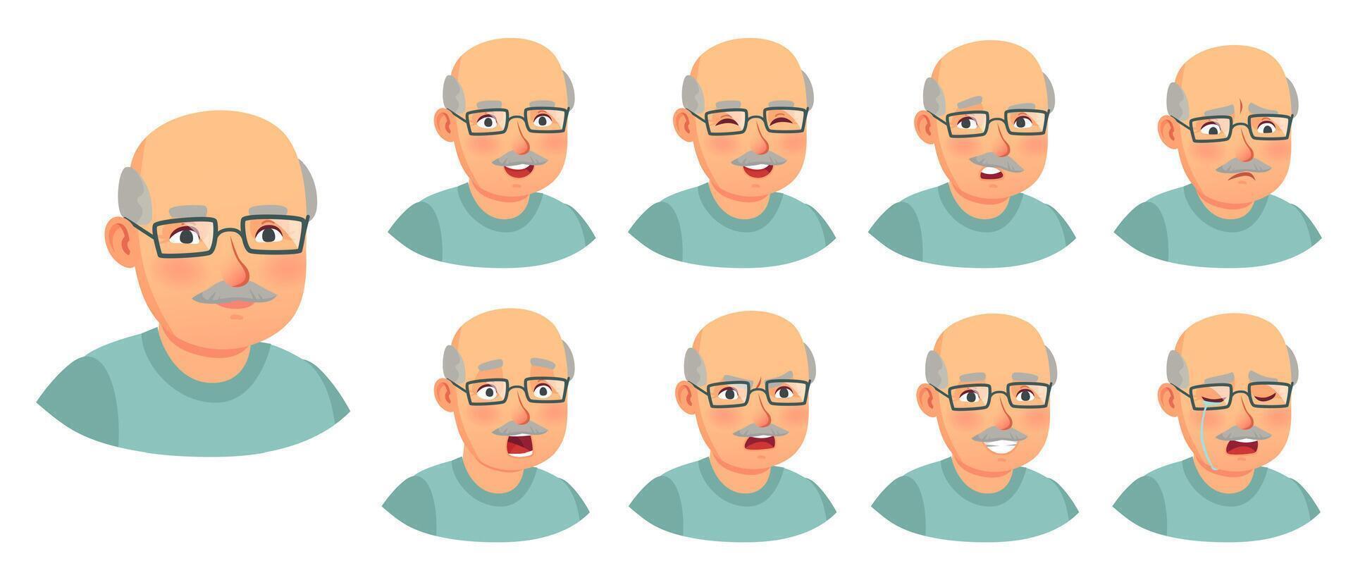 Grandfather emotions set. Character senior doubt, elder adult vector