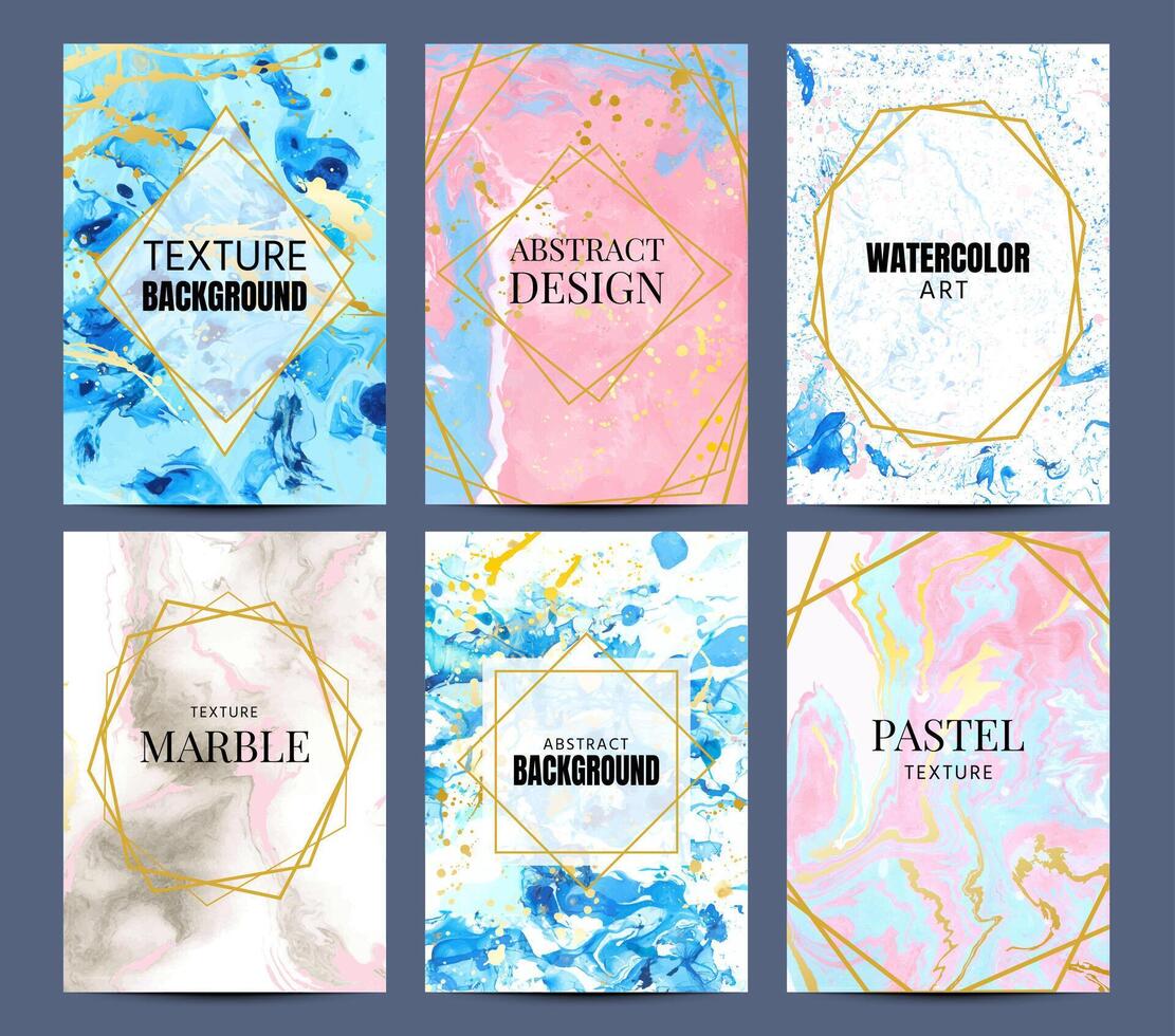 Watercolor marble posters. Abstract pastel texture with gold geometric frame and splash. Elegant template for cover or invitation vector set