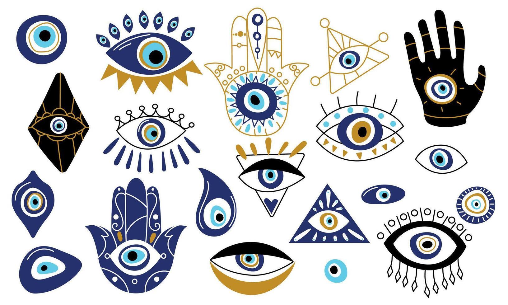 Doodle evil eye. Cartoon traditional Turkish luck amulets contemporary style, magic Hamsa hand talisman spiritual esoteric souvenirs. Vector set