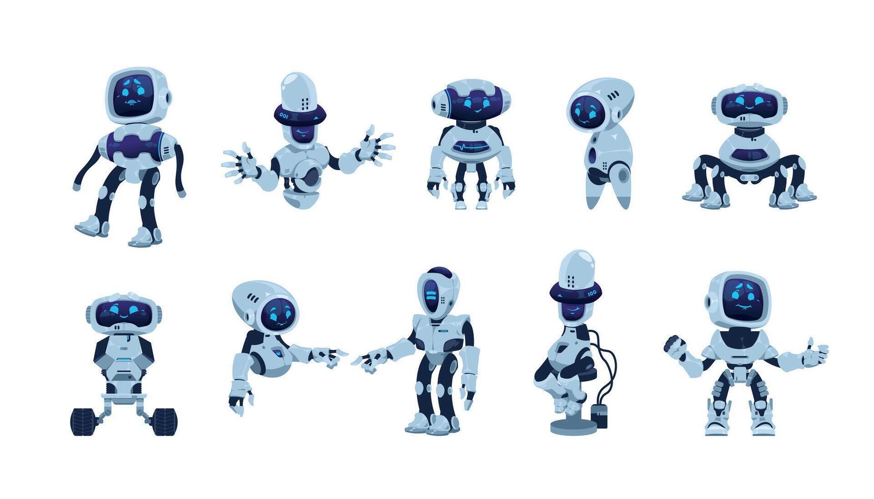 Cartoon robots. Artificial bot character with funny face, arms body and legs, various AI mascot. Vector futuristic robot isolated set