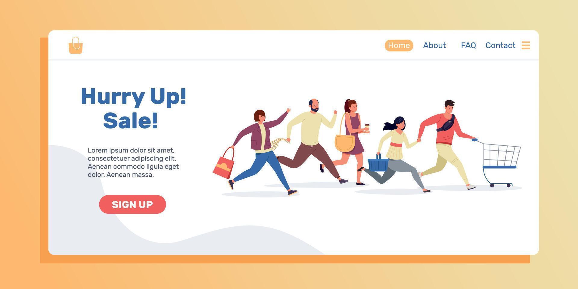Shopping people landing page. Sale and discount web site template with running persons. Vector web page