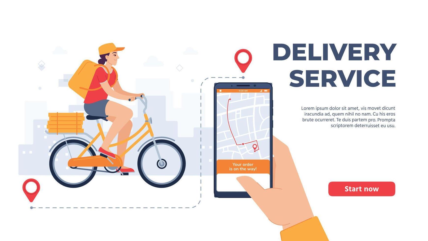 Delivery service application. Woman riding bicycle with food mobile app. Online service, courier on bike vector