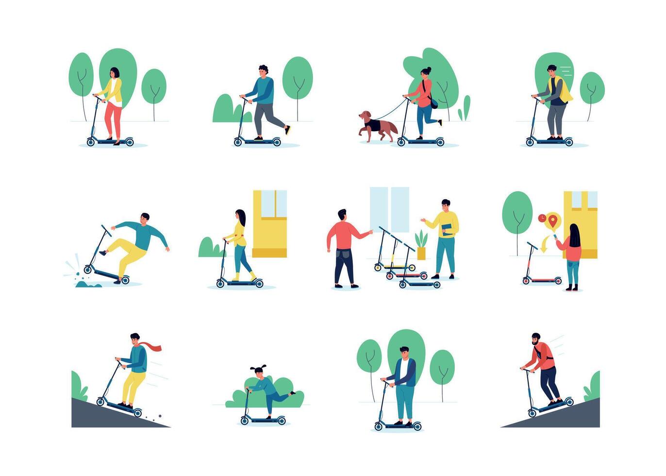 People on kick scooter. Cartoon characters ride on electric scooter, accelerate and brake, reserve with phone app, city transport rental service. Vector isolated set