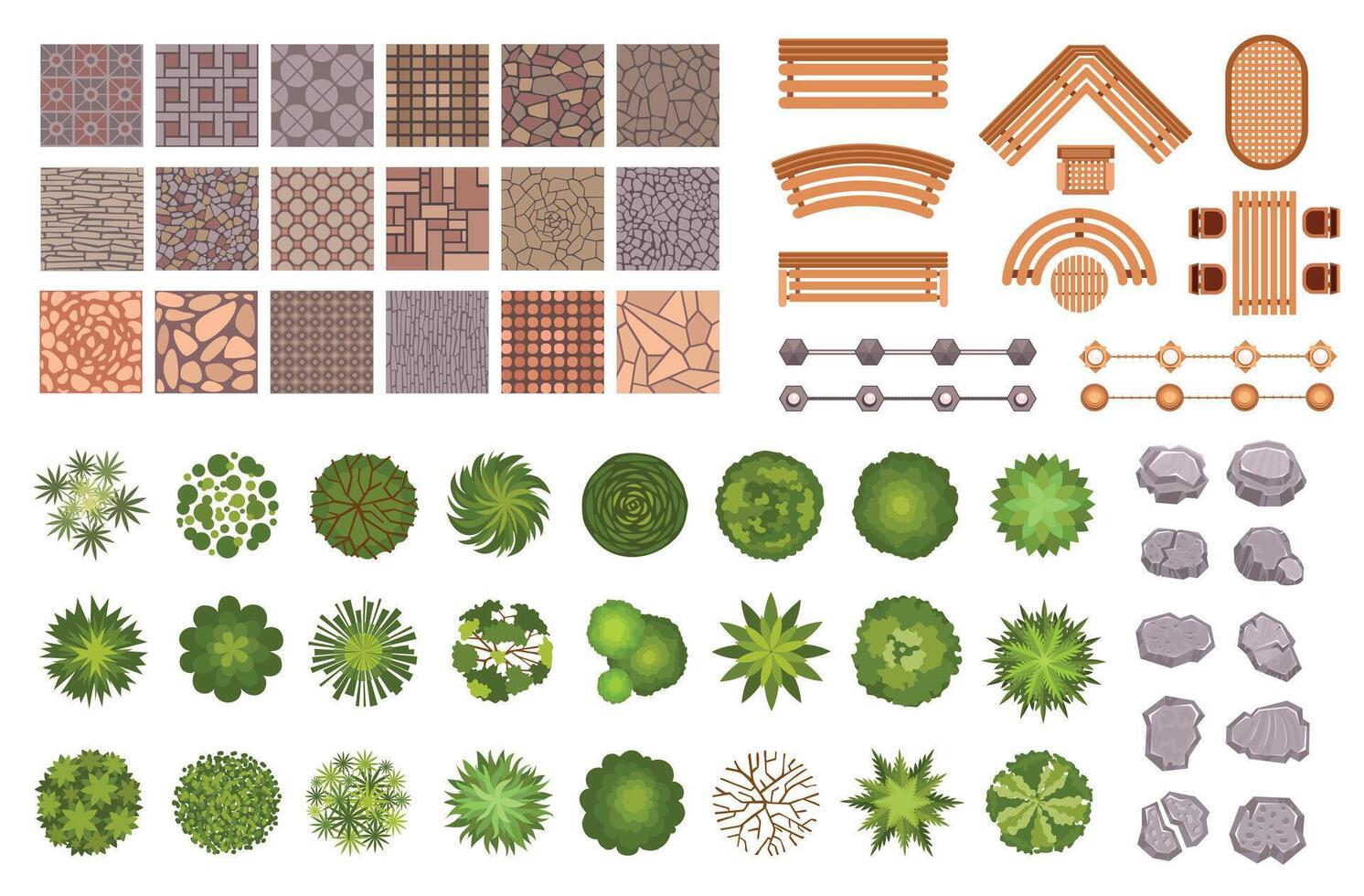City park landscape design map elements top view. Garden trees and plant, benches, road path tile and rocks from above. Park plan vector set