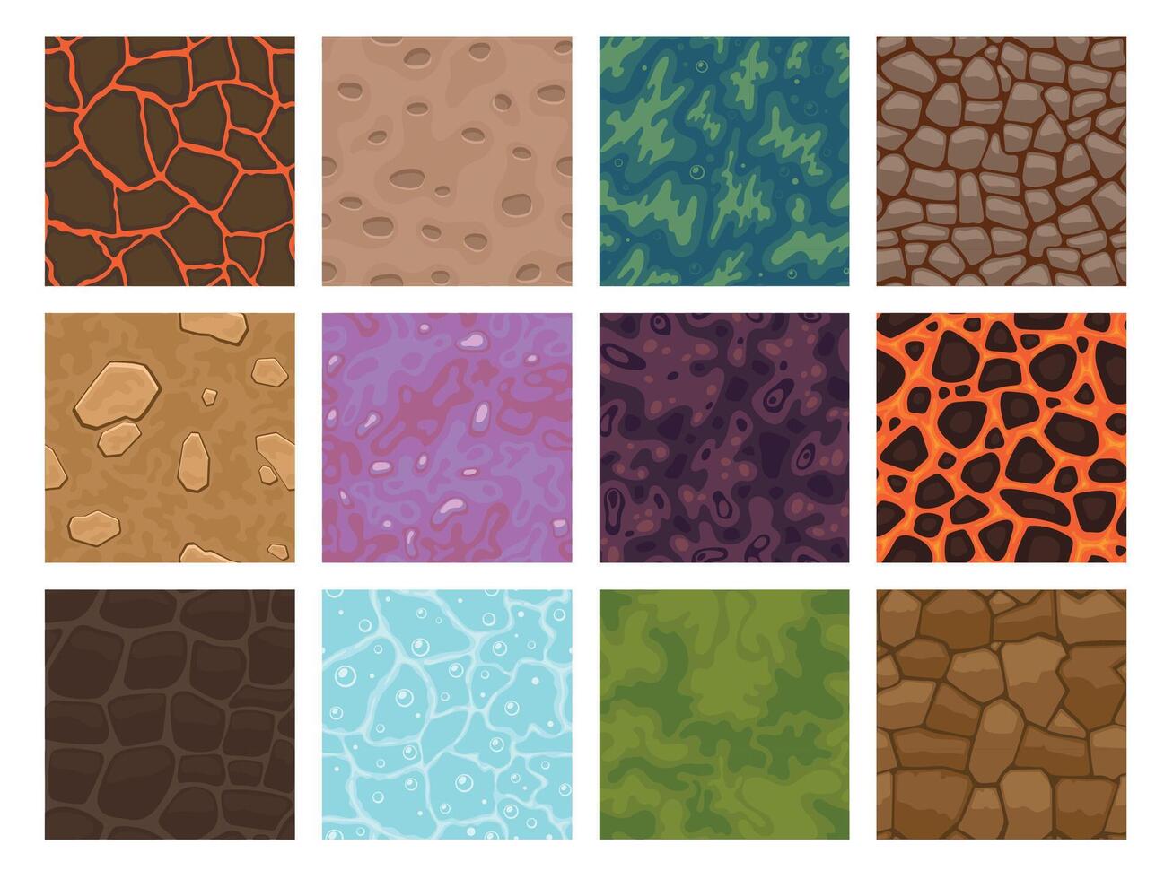 Game texture tiles. 2D cartoon level ground block of various materials, grass rock sand ice water lava, textured land game asset. Vector nature elements tile kit