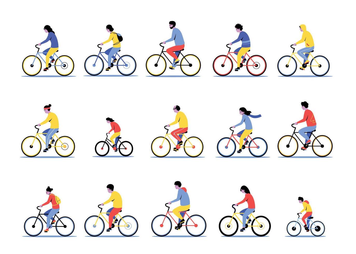 Person on bike. Cartoon active men and women ride the bicycle, cycling sport activity concept with various people. Vector bike fitness illustration