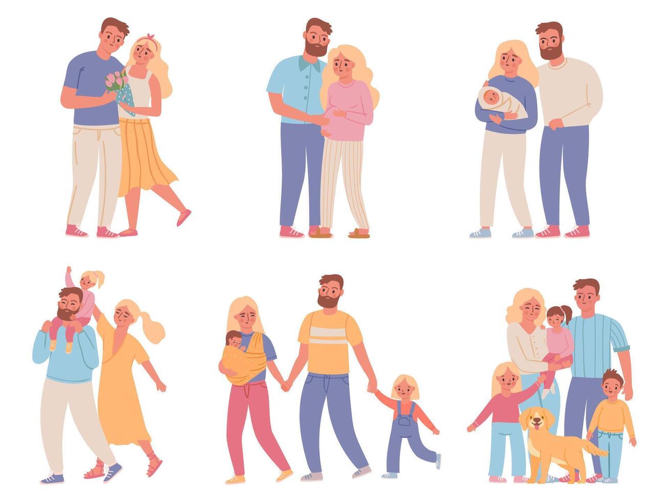 Family stages. Love couple relationship, marriage, pregnant woman, parents and newborn baby, mom, dad and kid. Family development vector set