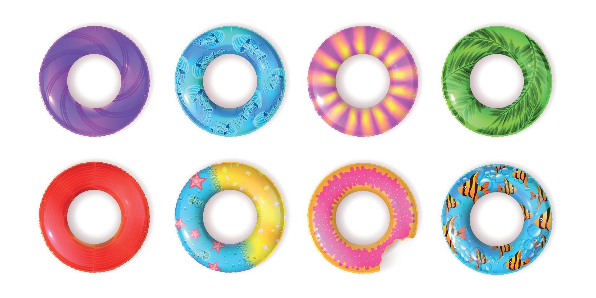 Realistic inflatable rubber swimming rings top view. Kids lifebuoy for pool or sea water with fish and doughnut design. Swim ring vector set