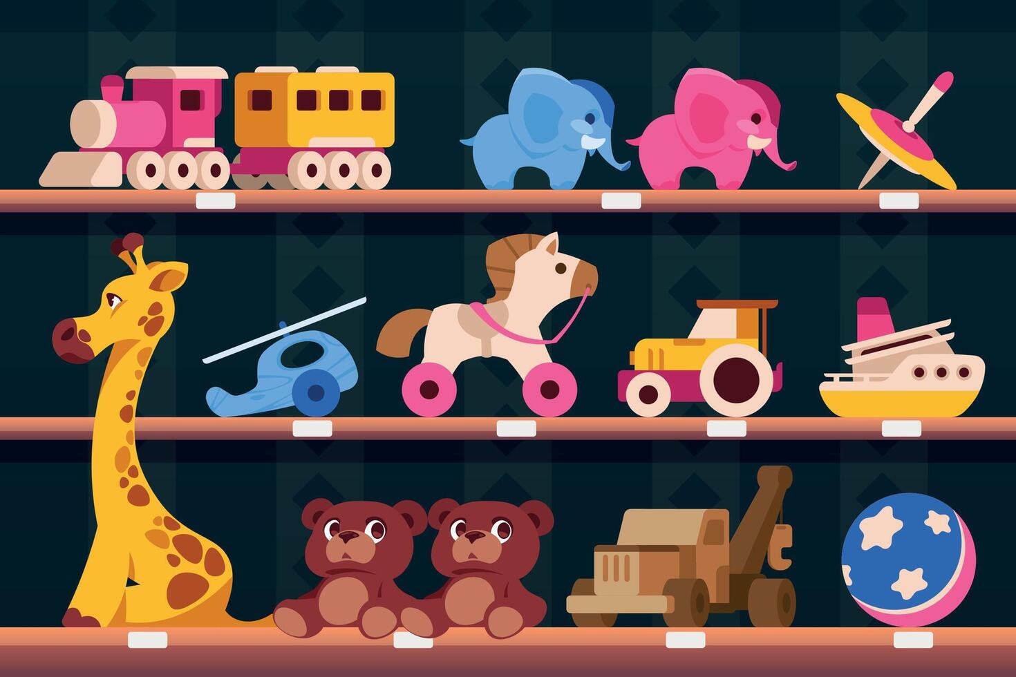 Shelf with toys. Cartoon shop shelves with colorful kid toys, various transport animals and puzzles. Vector children toyshop illustration