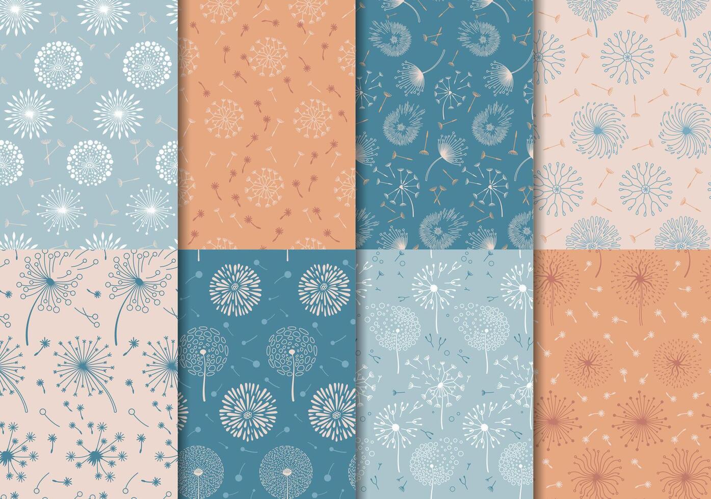 Dandelion seamless patterns. Nature graphic print with spring flowers. Dandelions blown by wind, blowball floral boho wallpaper vector set