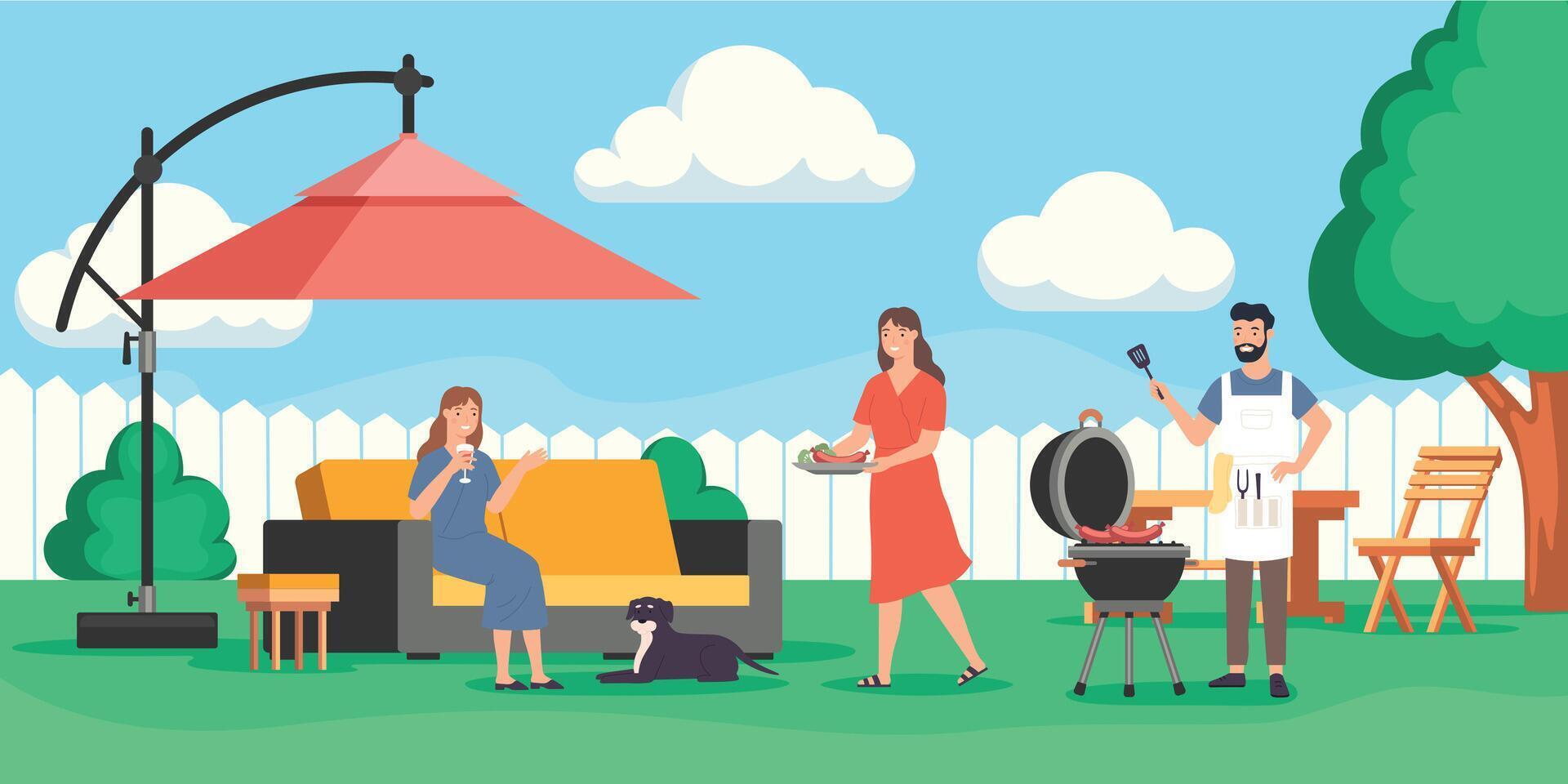 Family party with barbecue. Man grilling sausages outdoor. Wife serving dinner to female friend. Girl relaxing vector