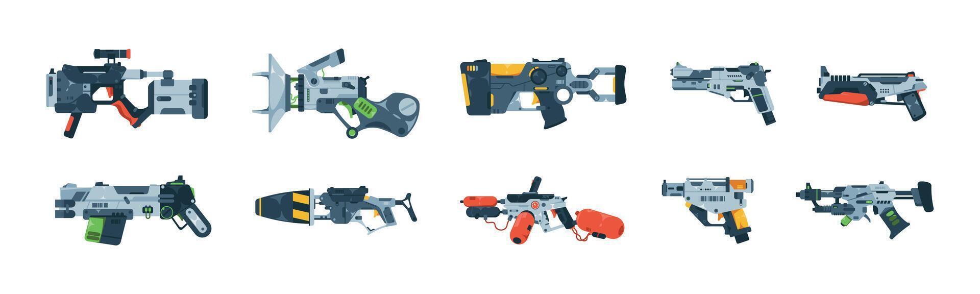 juego blaster dibujos animados espacio pistola para niño juegos, futurista extraterrestre láser arma el plastico encargarse de pistola juguetes ui diseño elementos. vector conjunto