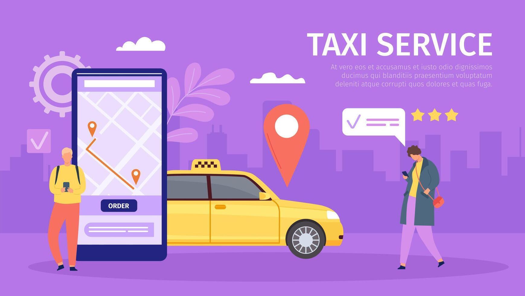 Taxi en línea servicio. joven hombre y mujer orden taxi por teléfono inteligente grande teléfono con mapa y ubicación. móvil aplicación para libro Taxi vector concepto