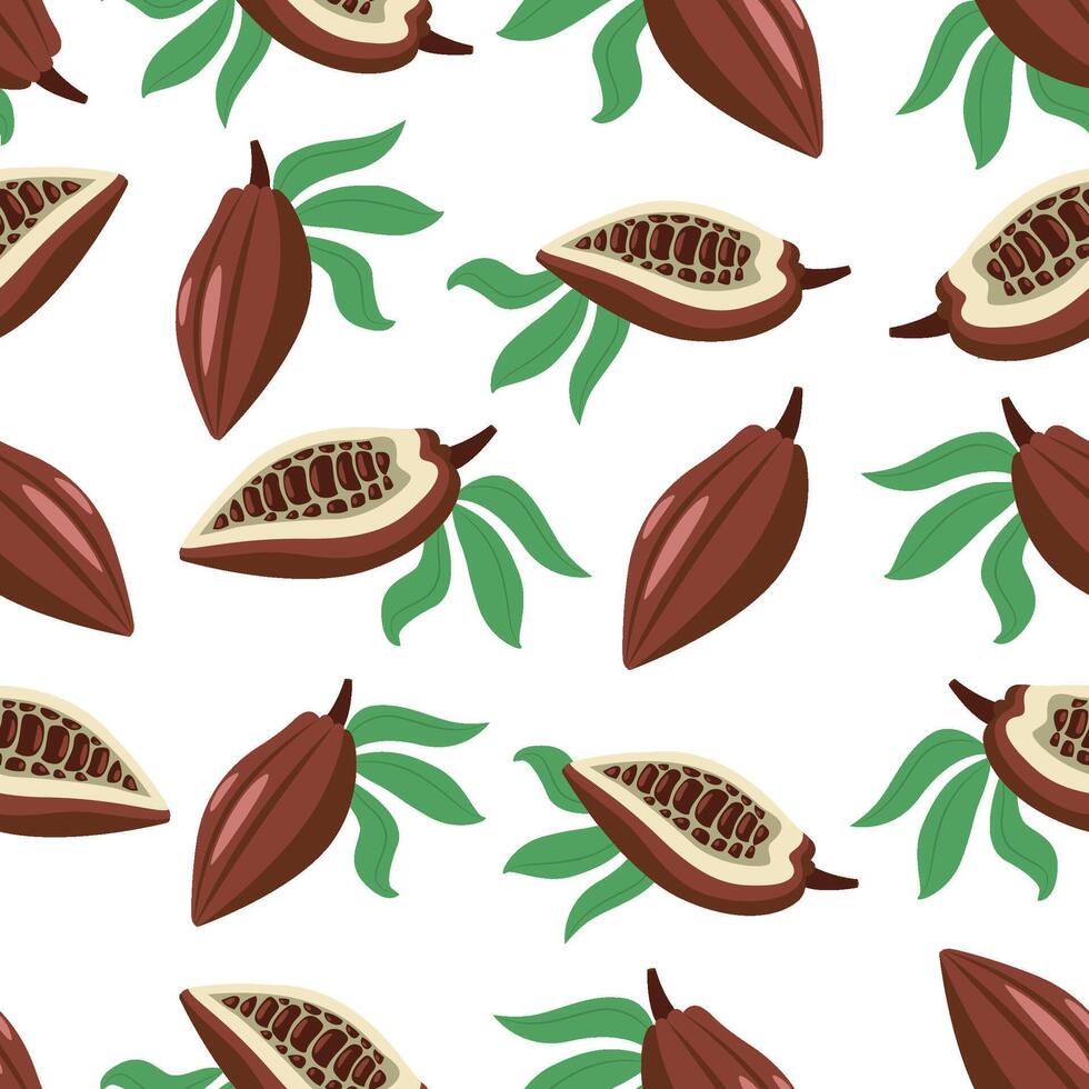 dibujos animados cacao modelo. sin costura impresión de resumen cacao frijoles chocolate productos orgánico comida concepto para paquete diseño. vector textura