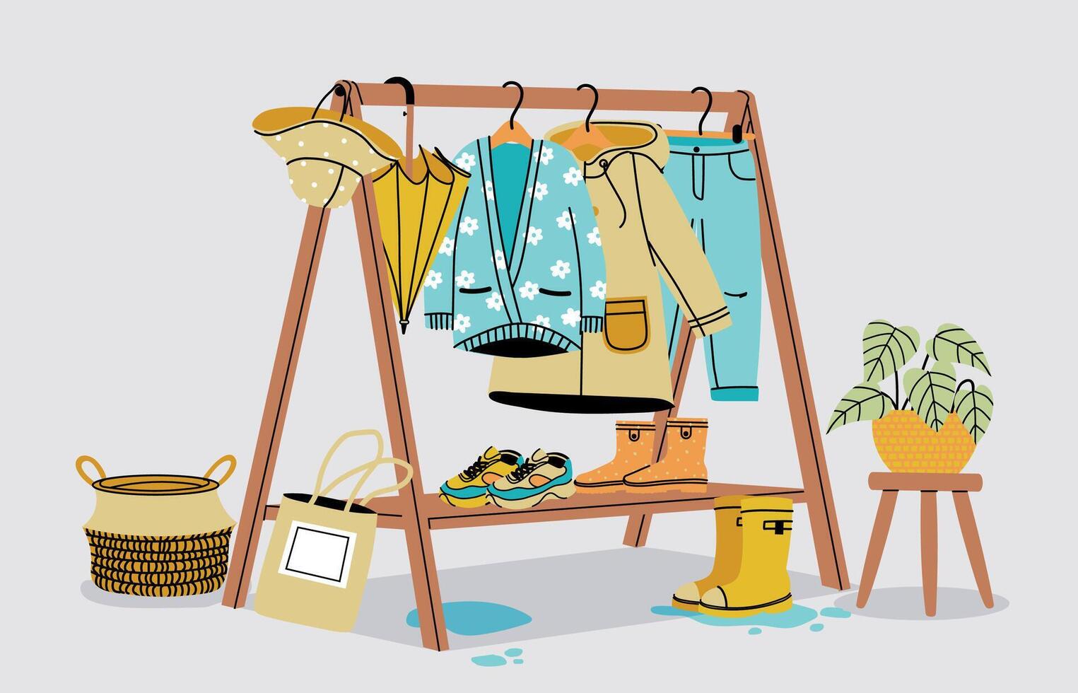 Autumn wardrobe. Fall seasonal clothes hanging on hanger rails, fashion cozy casual coats shoes and accessories. Vector warm winter clothes on racks illustration