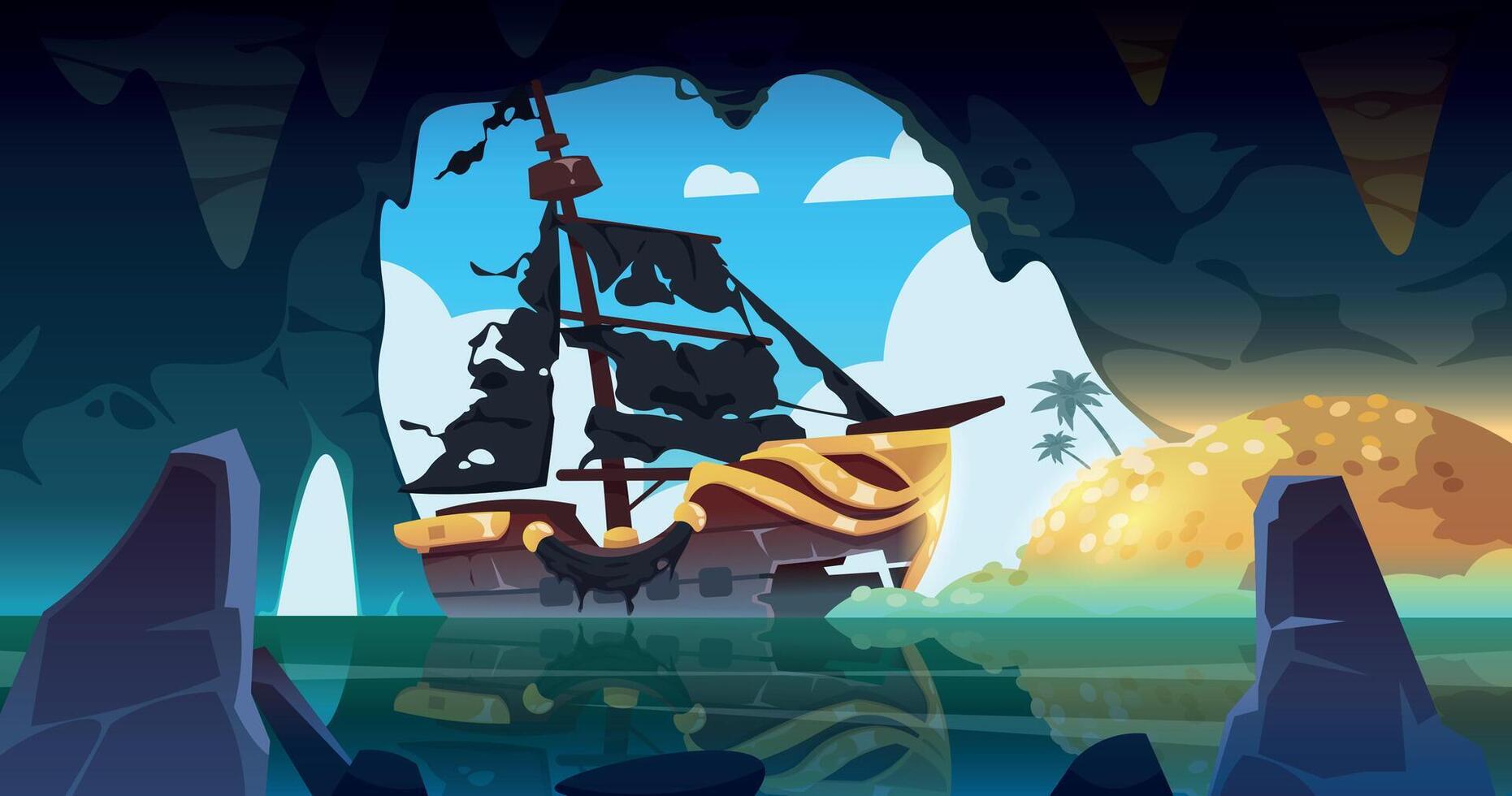 Pirate ship in cave. Cartoon background with fantasy sea bandits ship in dark grotto filled with stolen treasures. Vector marine children illustration
