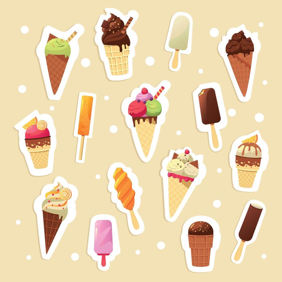 Ice cream stickers. Cartoon cute isolated badges of cold sweet summer desserts, colorful kids emblems and paper sticker collection. Vector set