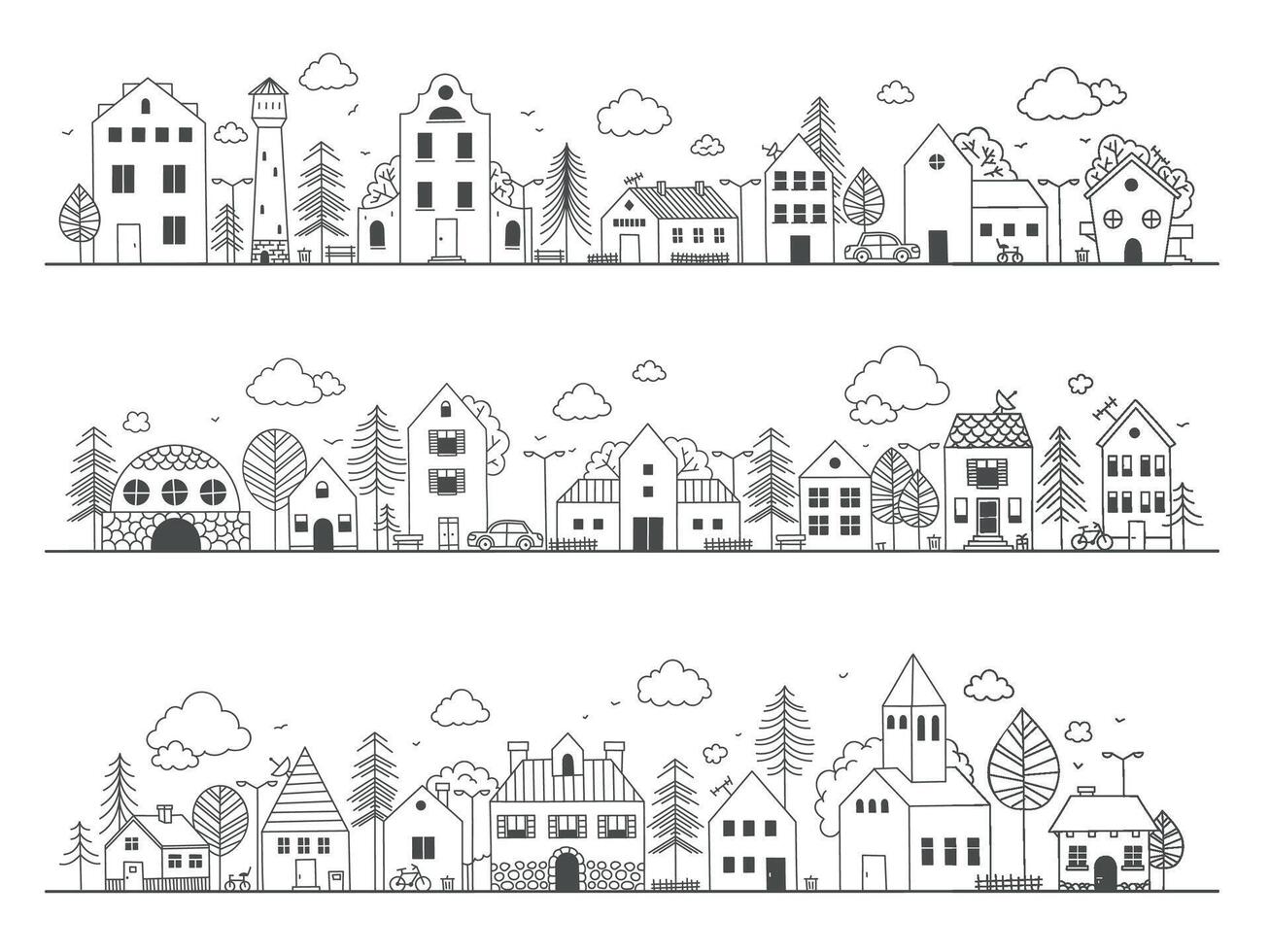 Doodle town street. Cute rural buildings with trees, hand drawn country neighborhood sketch with little houses. Vector childish scene