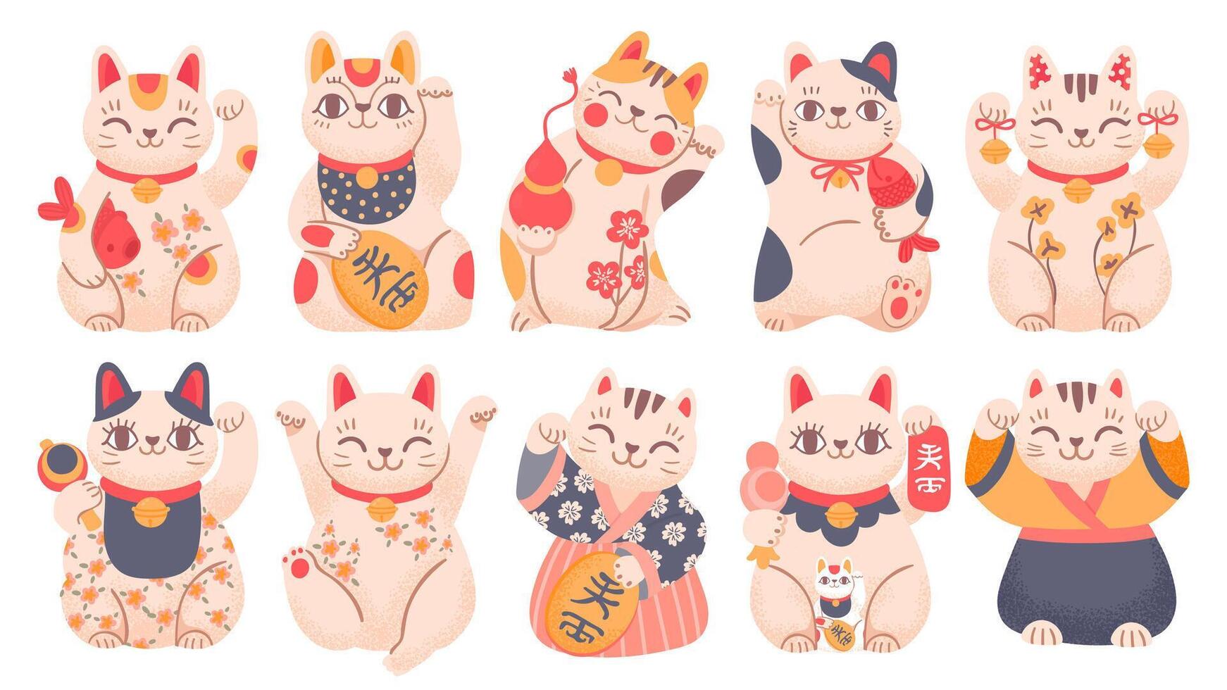 Japanese lucky cats. Cartoon maneki neko toy in traditional clothes, holding fish, bells and gold coin. Asian waving fortune cat vector set