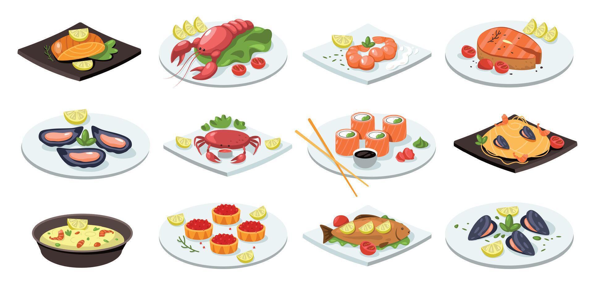 Fish meal. Cartoon seafood dishes traditional asian food, flat salmon roll lobster sushi mussel crab on plate japanese cuisine. Vector isolated set