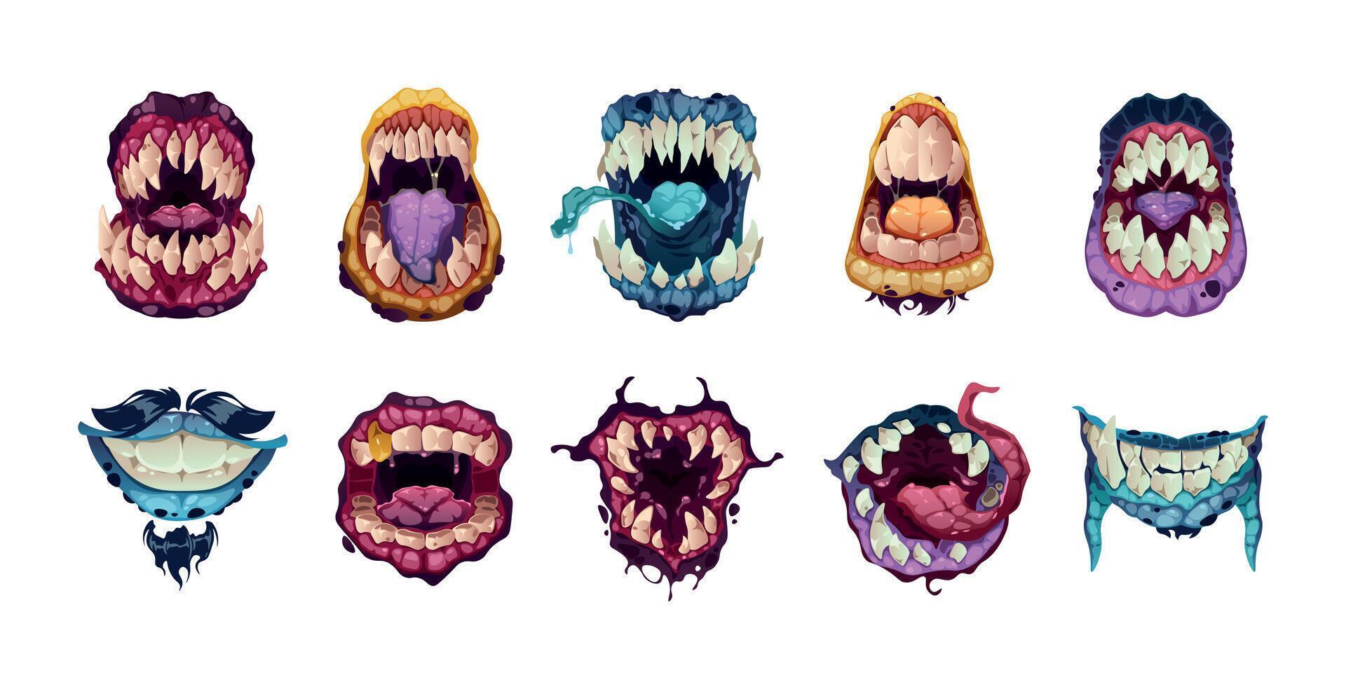 Scary mouth. Cartoon monster face emotions, creative alien characters funny emotional monstrous avatars open mouths. Vector isolated set