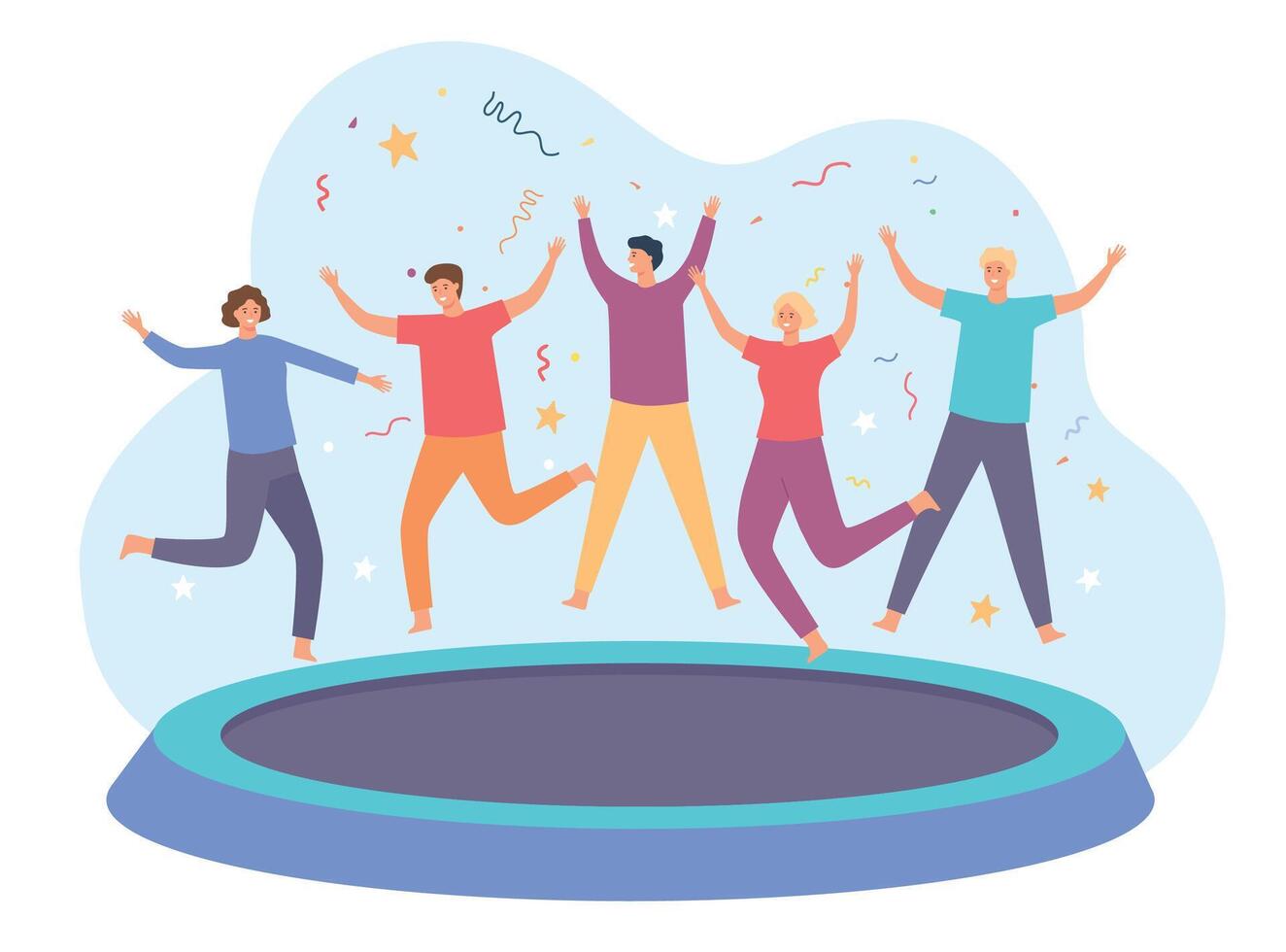 Teens on trampoline. Happy group of friends jumping and having fun. Energetic people leap on trampoline. Party entertainment vector concept
