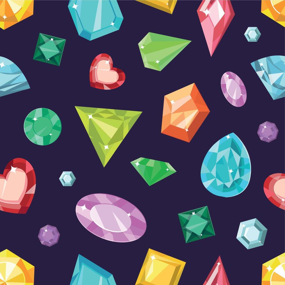 Cartoon jewel gem stones, quartz and diamonds seamless pattern. Print with fashion gemstones shapes. Jewelry sparkle crystals vector texture