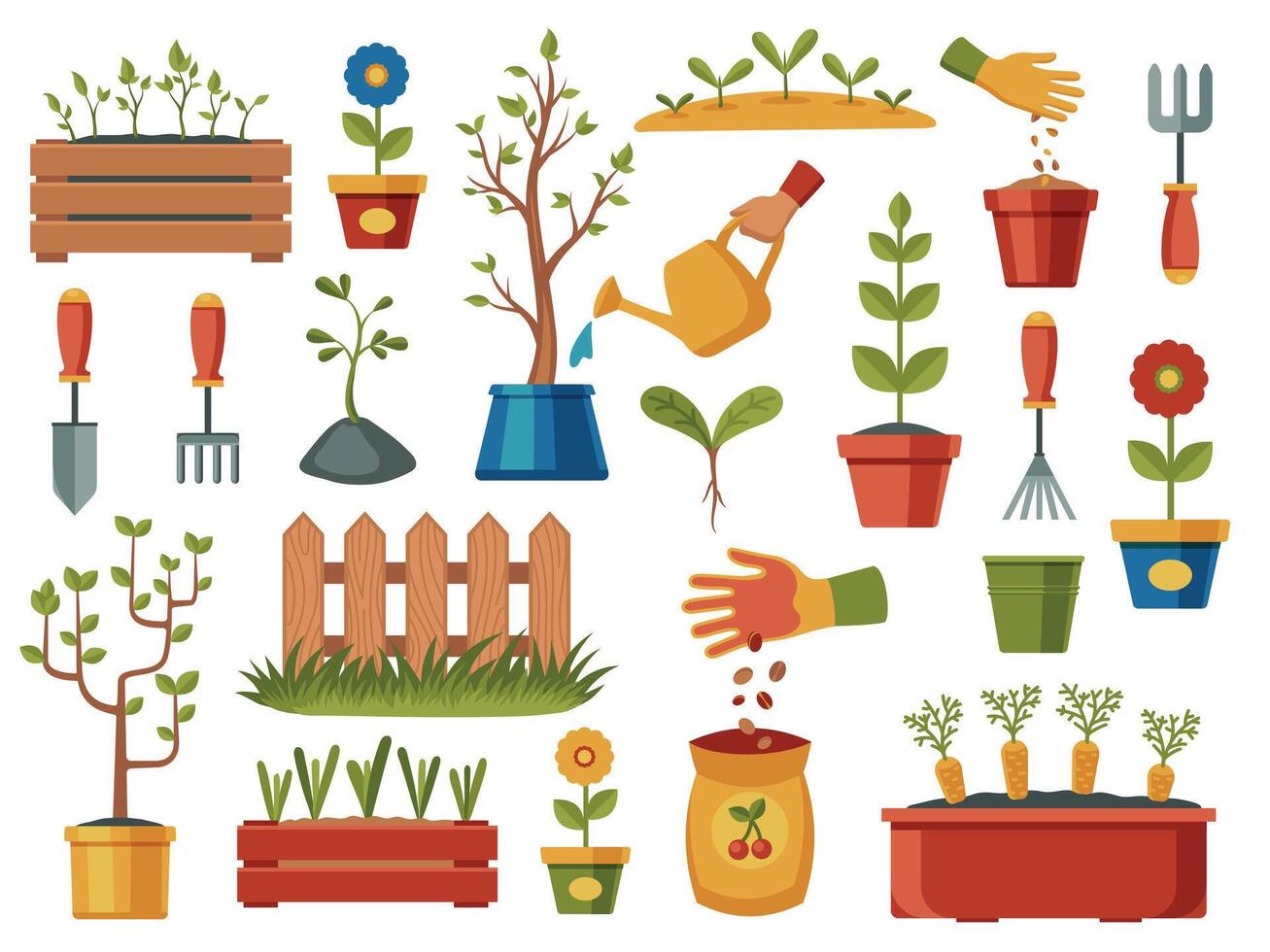 Planting seeds collection. Cartoon garden tools, gardening equipment flowerpot watering can pot shovel gloves, agriculture cultivating concept. Vector set