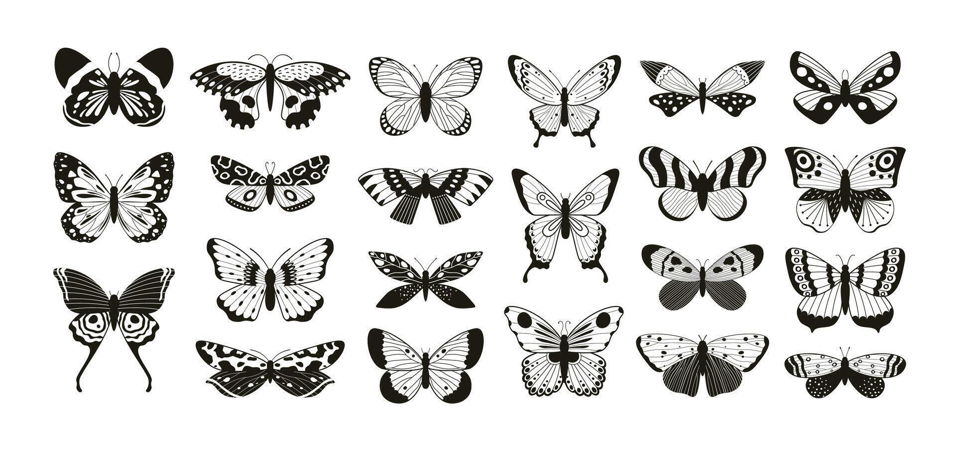 Butterflies silhouettes. Moth and butterfly wings pattern laser cut outline. Flying insect decorative element. Butterflies tattoo vector set