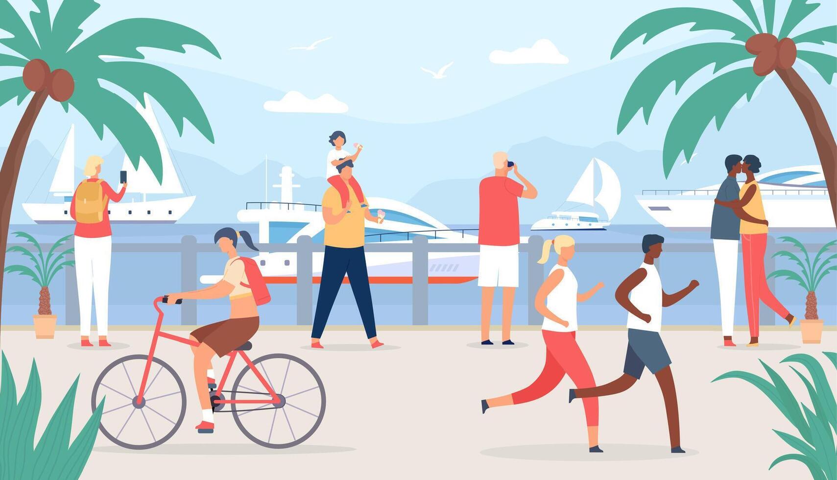 People walk on sea quay. Family and couple tourist at vacation look at sail boats. Seaside summer travel in tropic shore flat vector concept