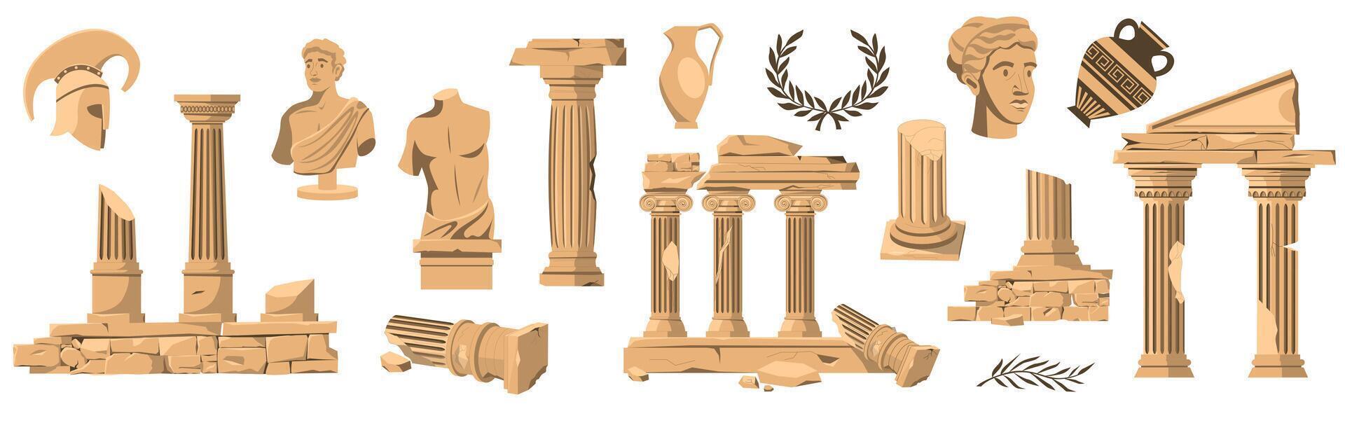 antiguo exposición recopilación. griego antiguo clásico diosa estatuas columnas jarrones, antiguo histórico místico elementos boho estilo. vector plano conjunto