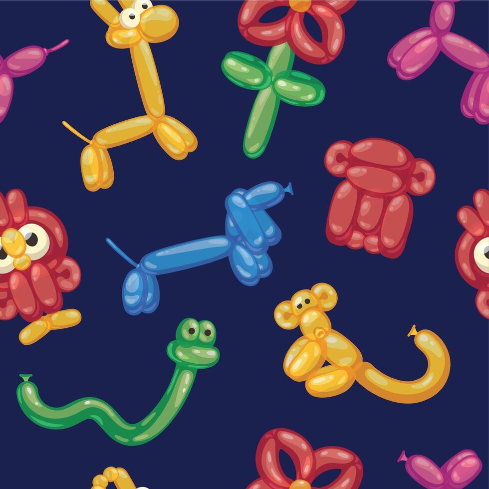 Balloon animals pattern. Seamless print of cute inflatable birthday party decoration elements, funny dog monkey snake horse characters. Vector texture